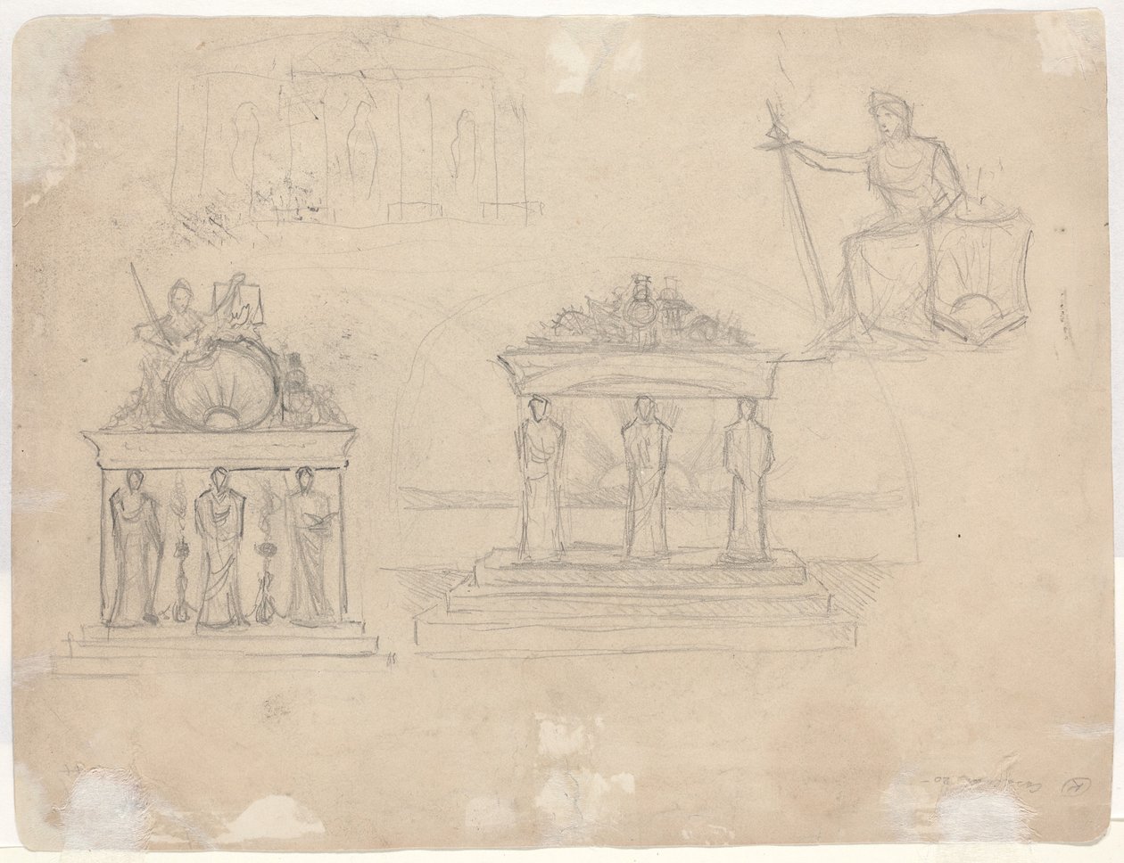 Studien von klassischen Tempelfassaden und sitzender weiblicher Figur [verso] von John William Casilear