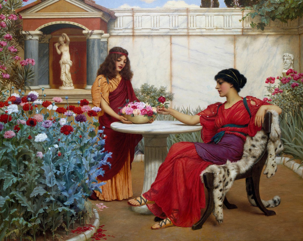 Die Wahl. Eine bürgerliche Frau im antiken Rom, sitzt auf einem mit Tierfell bedeckten Stuhl und wählt eine Blume aus, die ihr eine Dienerin anbietet. von John William Godward