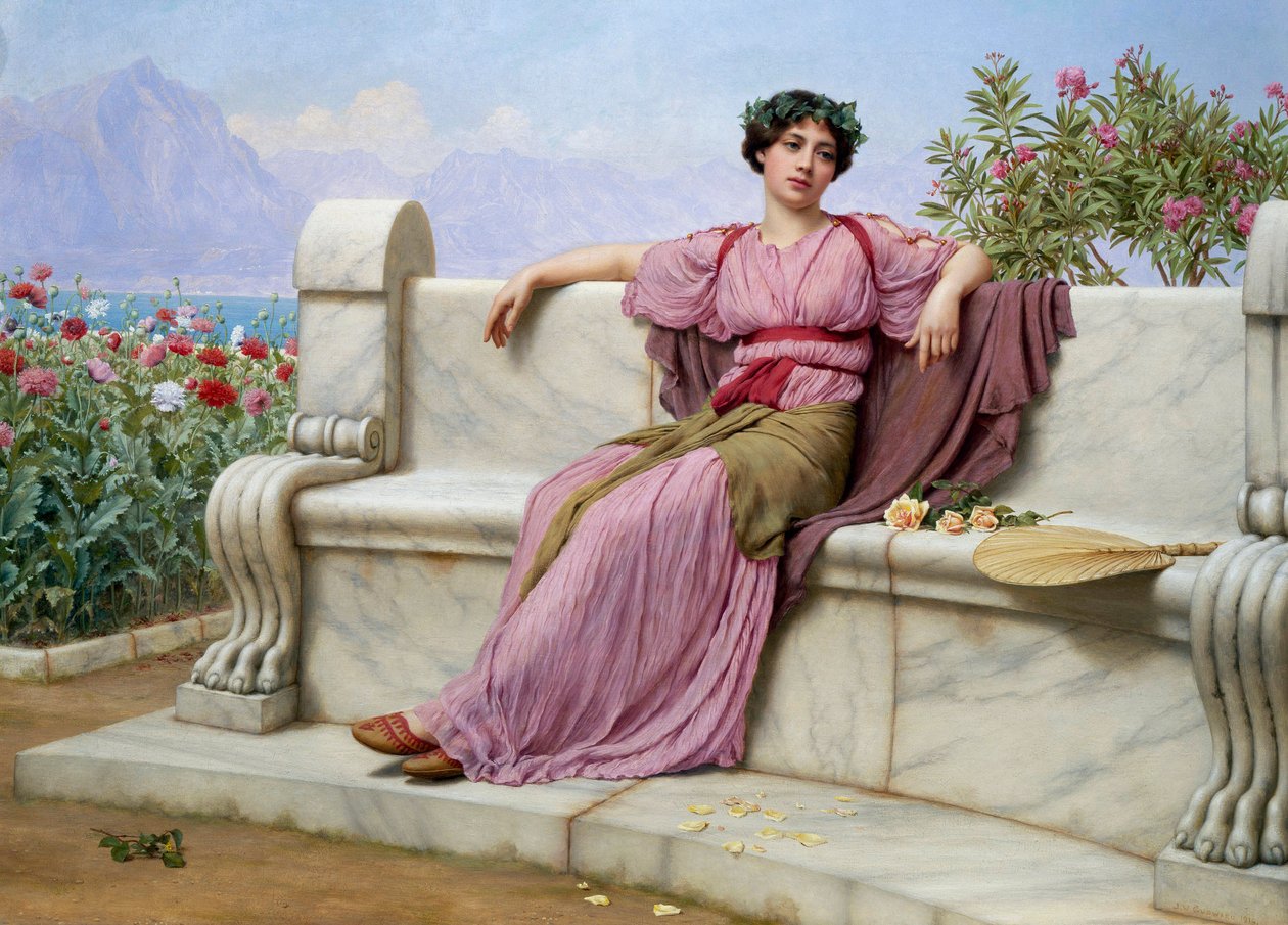 Ruhe. Eine junge Frau in antiker Mode, sitzt träumerisch auf einer Marmorbank im Garten. von John William Godward
