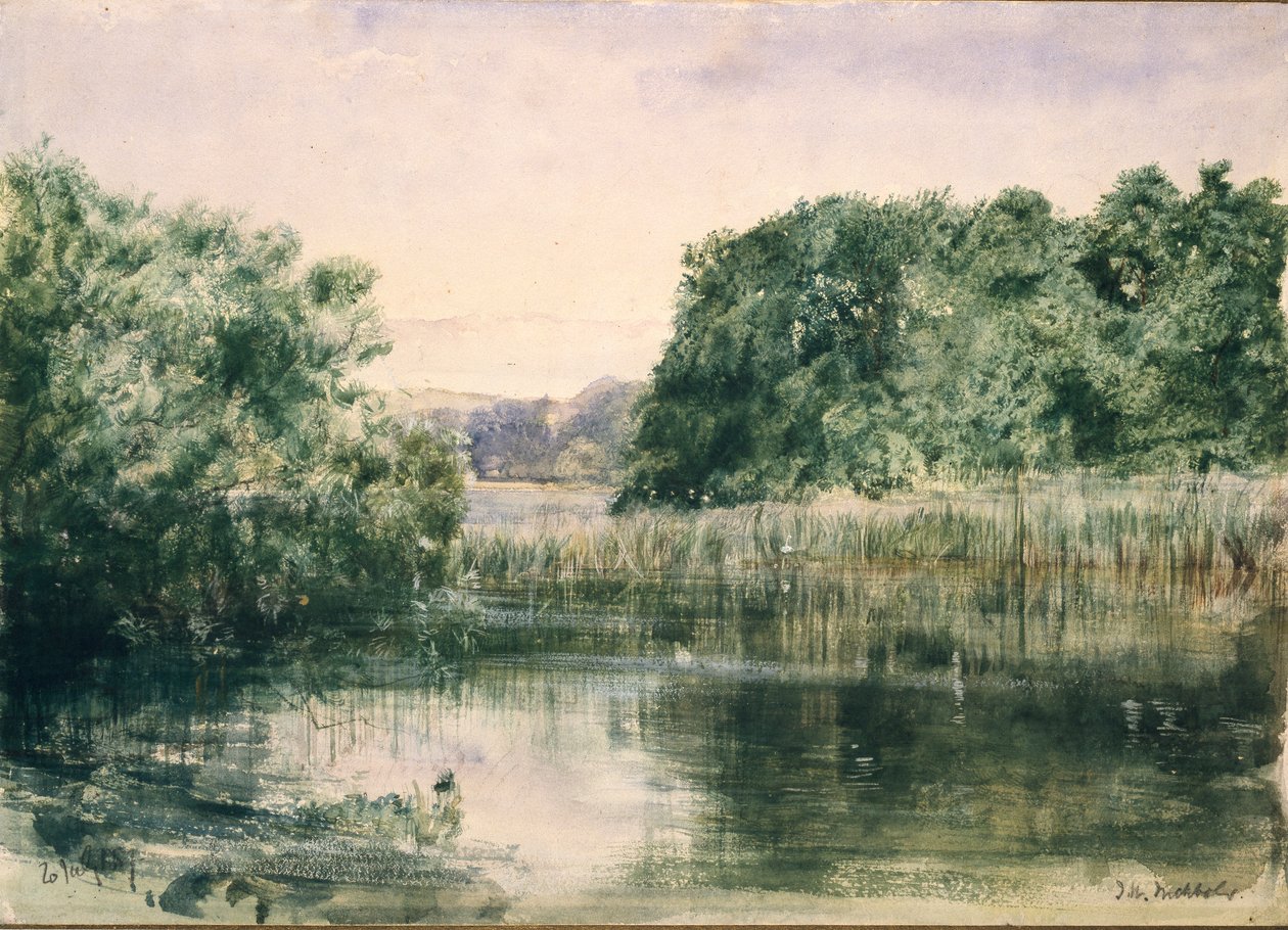 Blick auf einen See mit Bäumen, 1857 von John William Inchbold