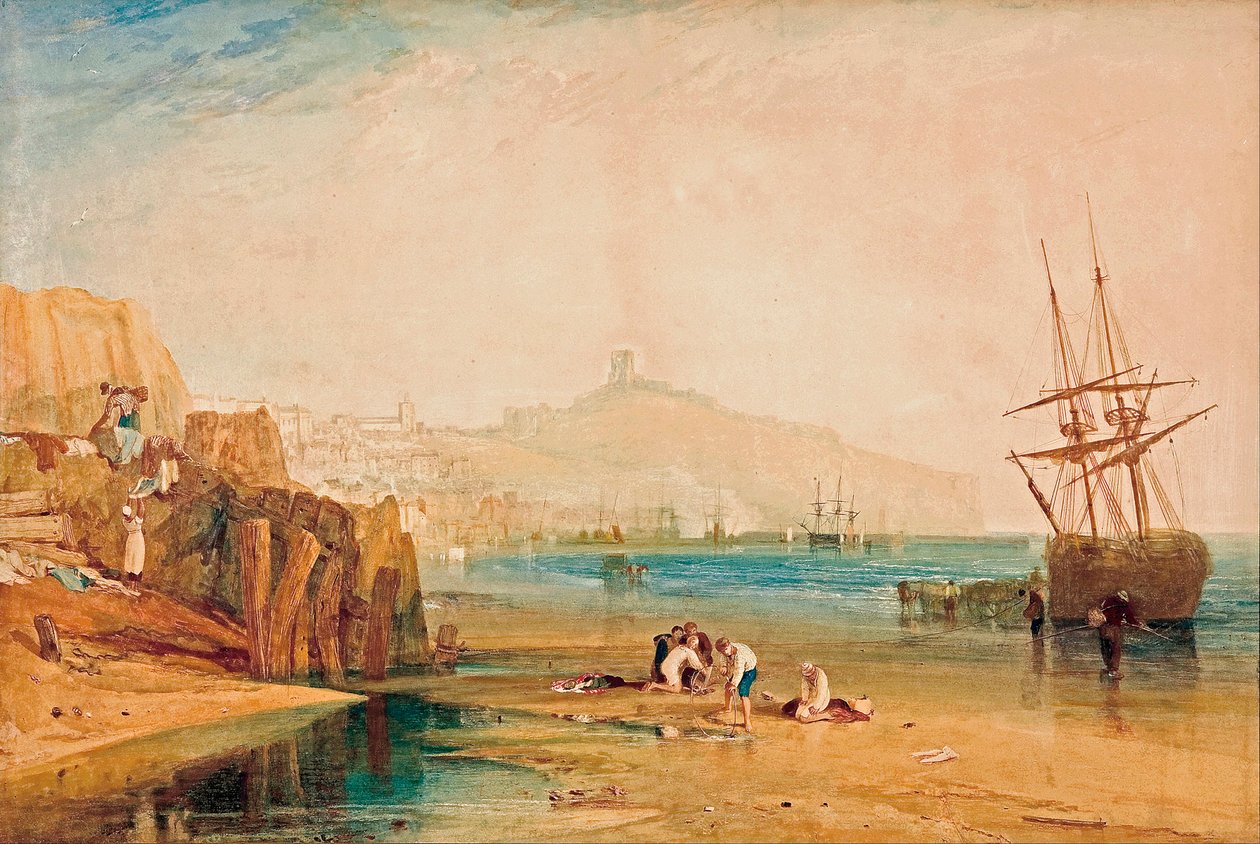Blick auf Scarborough am frühen Morgen, Kinder jagen Krabben von John William Waterhouse