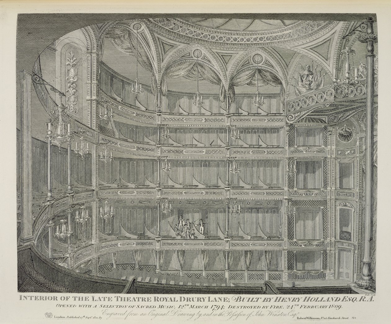 Innenraum des ehemaligen Theatre Royal, Drury Lane, in London, erbaut von Henry Holland, 1794, durch Feuer zerstört 1809, graviert von Dale, 1820 von John Winston