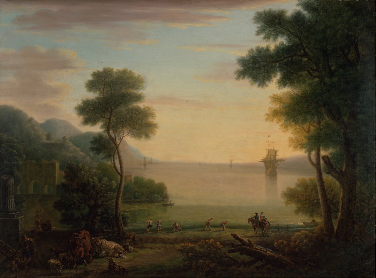 Klassische Landschaft mit Figuren und Tieren: Sonnenuntergang von John Wootton
