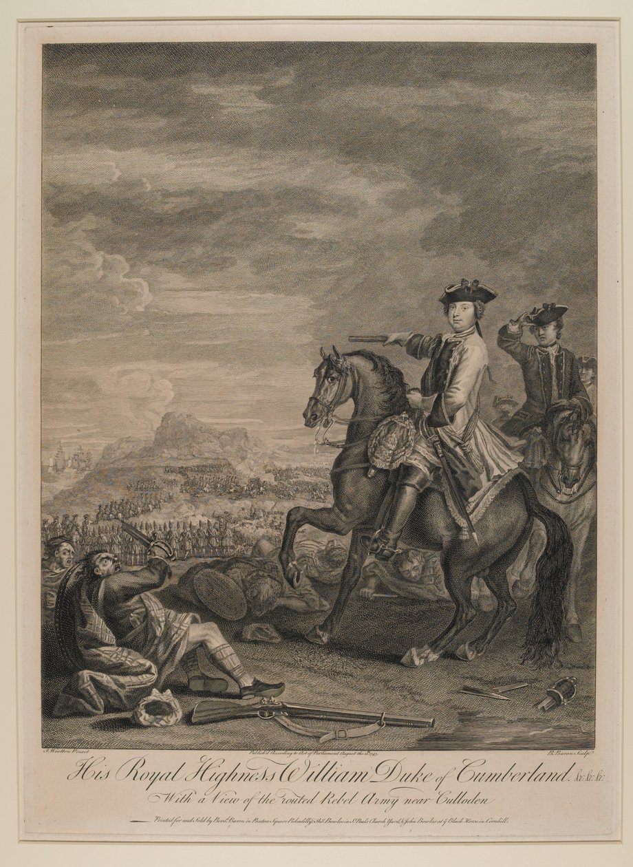 H.R.H. William, Herzog von Cumberland, mit Blick auf die geschlagene Armee bei Culloden, 1746, veröffentlicht von B. Baron, 1747 von John Wootton