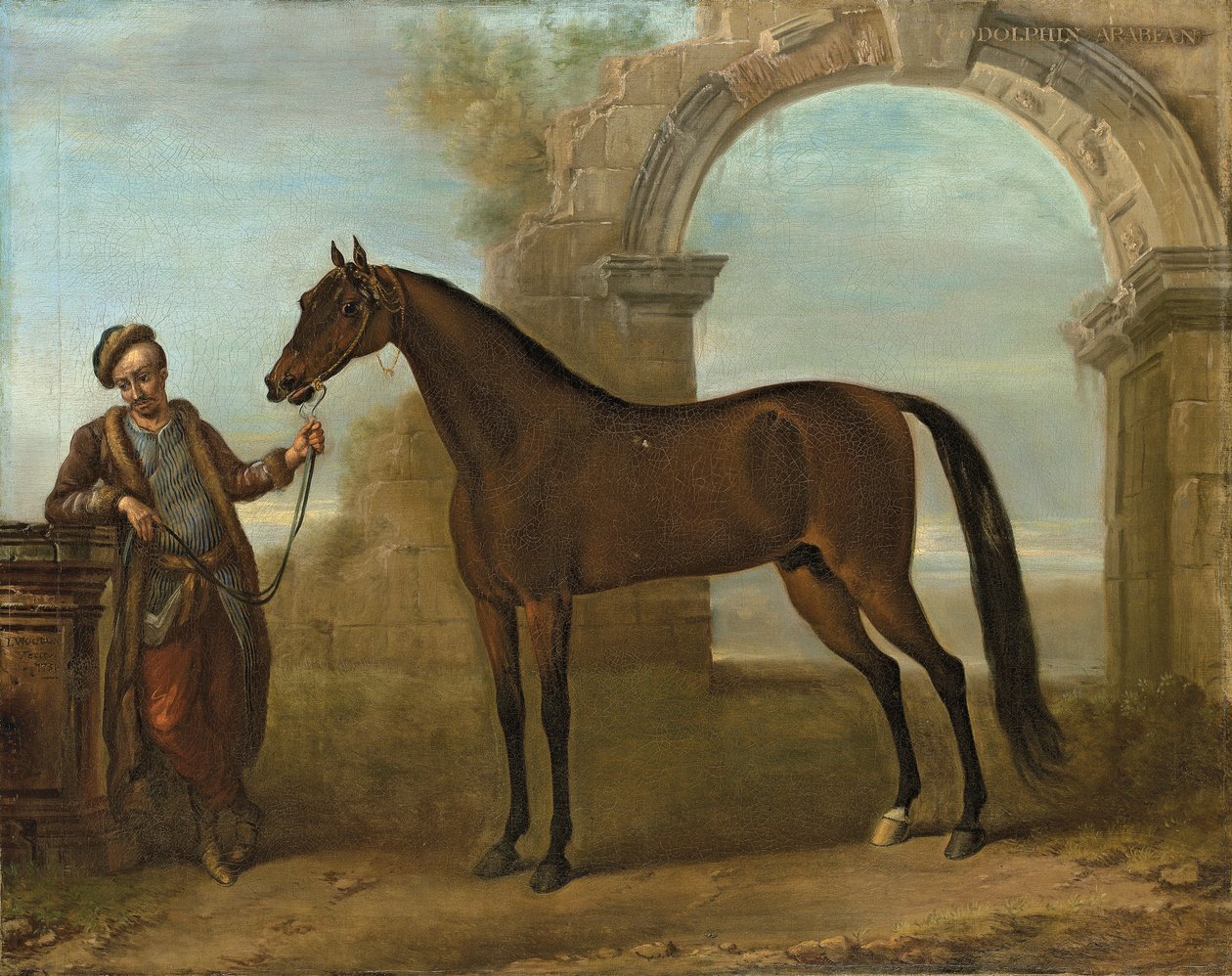Der Godolphin Araber, gehalten von einem Stallburschen, in einer Landschaft mit einer Ruinenbogen, 1731 von John Wootton