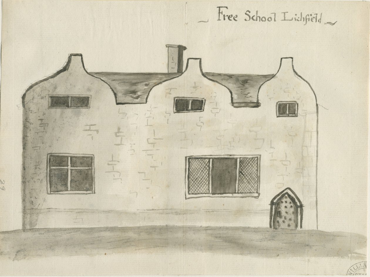 Lichfield - Grammar School: Sepia-Waschzeichnung, undatiert [1784] von John Wright
