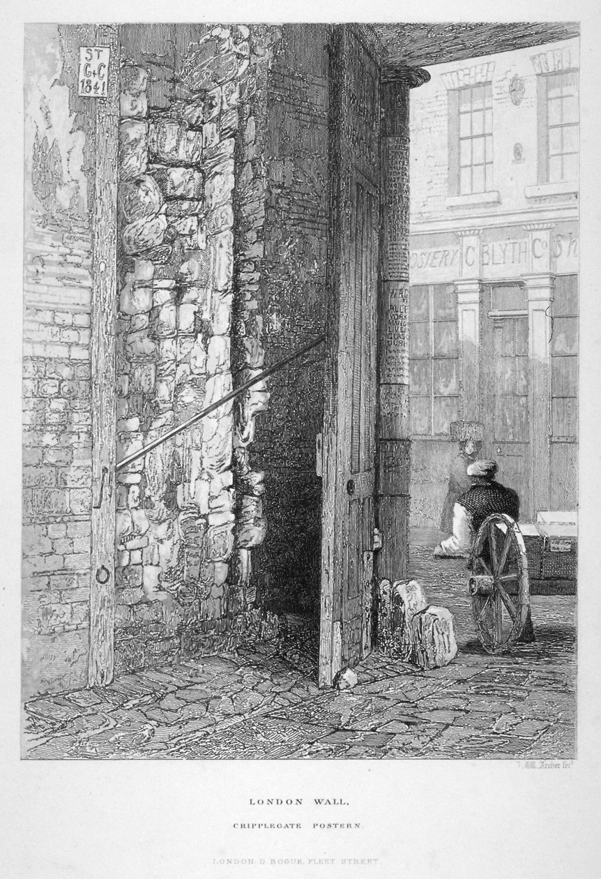 Cripplegate Postern, auf dem Kirchhof von St Giles ohne Cripplegate, London Wall, London, 1851 von John Wykeham Archer