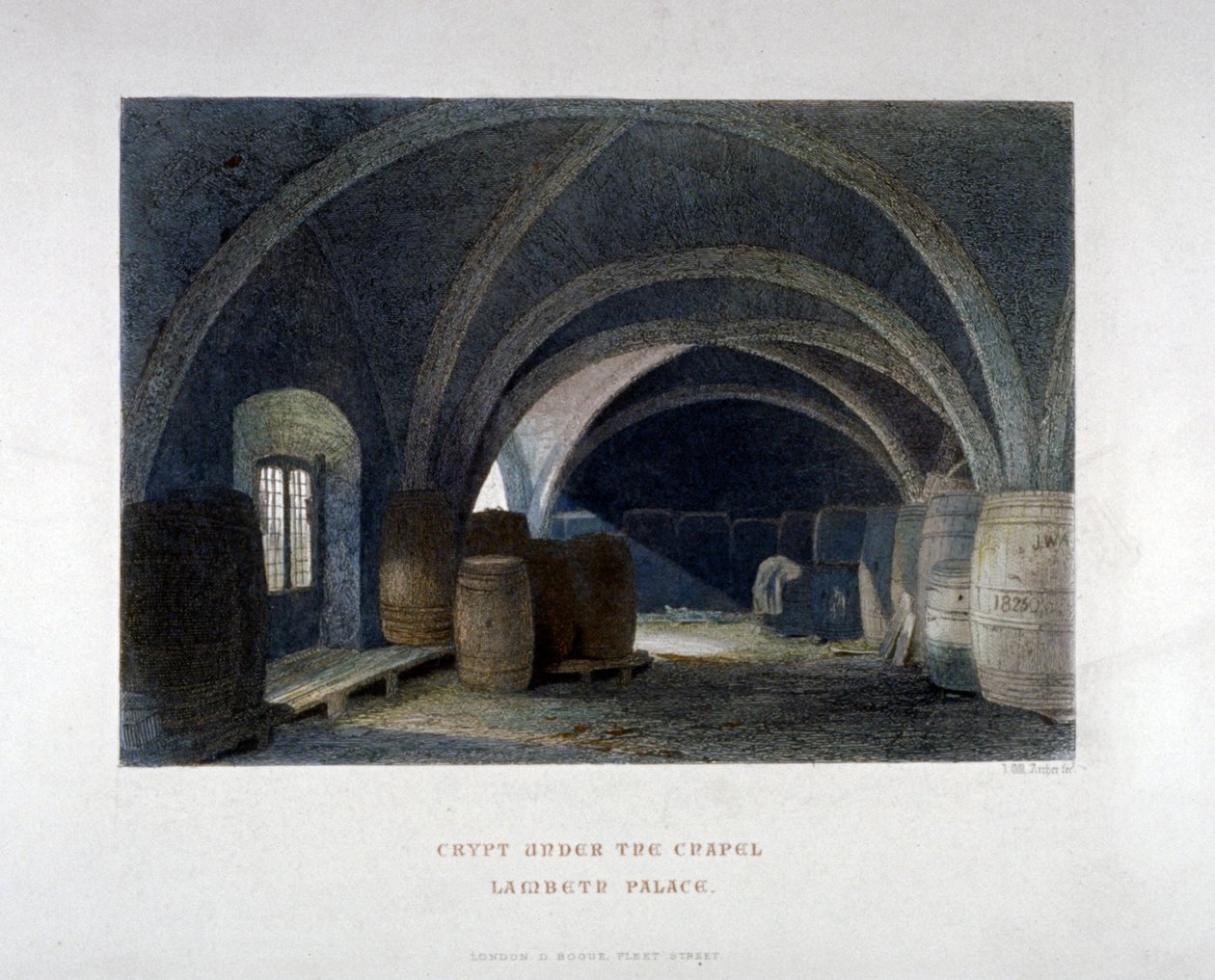 Krypta mit Fässern unter der Kapelle im Lambeth Palace, London von John Wykeham Archer