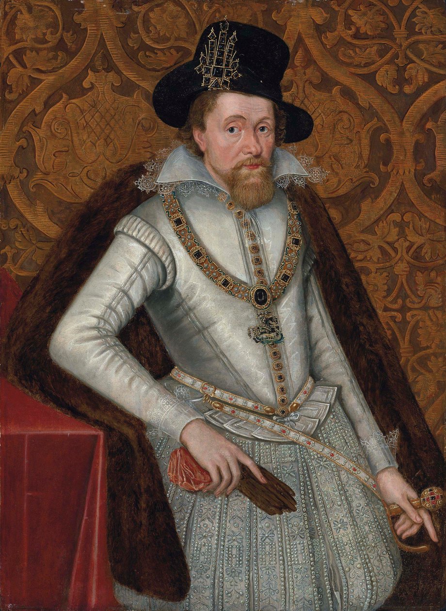 Porträt von König James I. von England und VI. von Schottland (1566-1625), Dreiviertelansicht, in einem weißen Wams mit Spitzenkragen, juwelenbesetzter Hose und einem Pelzumhang, das Große Georgskreuz tragend, mit einem schwarzen Hut mit Juwel, hält ein Pa von John de (attr.to) Critz