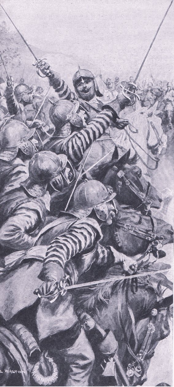 Kavalleriegefecht in der Schlacht von Edgehill, 23. Oktober 1642, Illustration aus British Battles on Land and Sea, 1915 von John de Walton