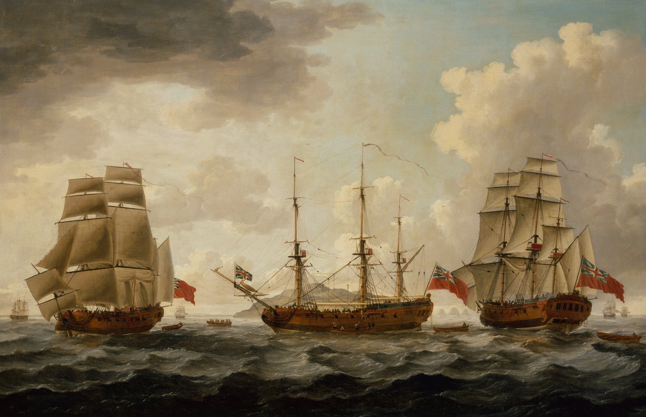 H.M.S. Tyrall in drei Positionen vor Antigua von John the Younger Cleveley