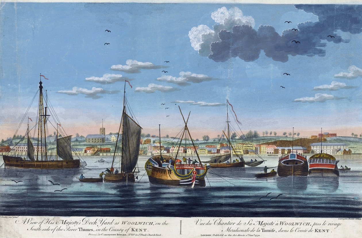 Ansicht der königlichen Docks in Woolwich, am linken Ufer der Themse (England), in der Grafschaft Kent. Farbradierung von John Clevely dem Jüngeren (1747-1786) von John the Younger Cleveley