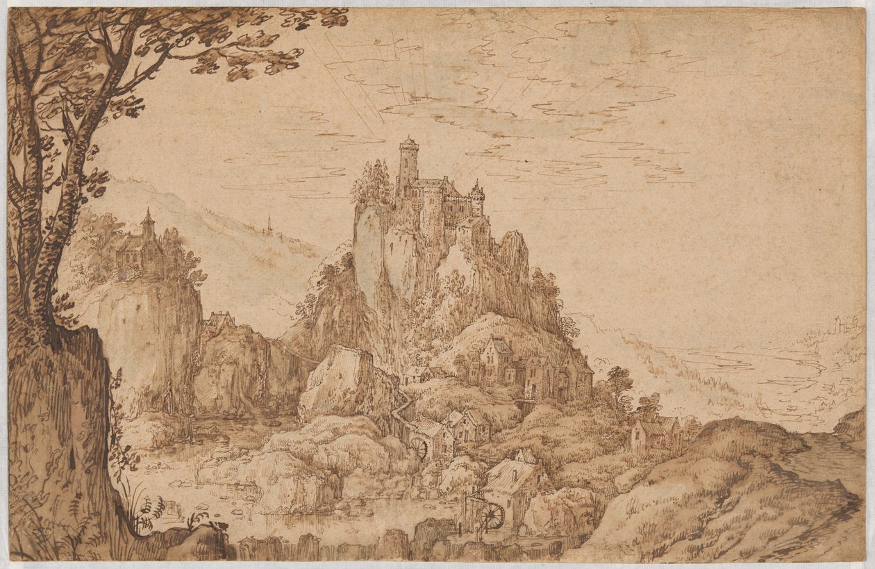Ein Schloss auf einem Felsen in einer bergigen Landschaft von Joos de Momper II