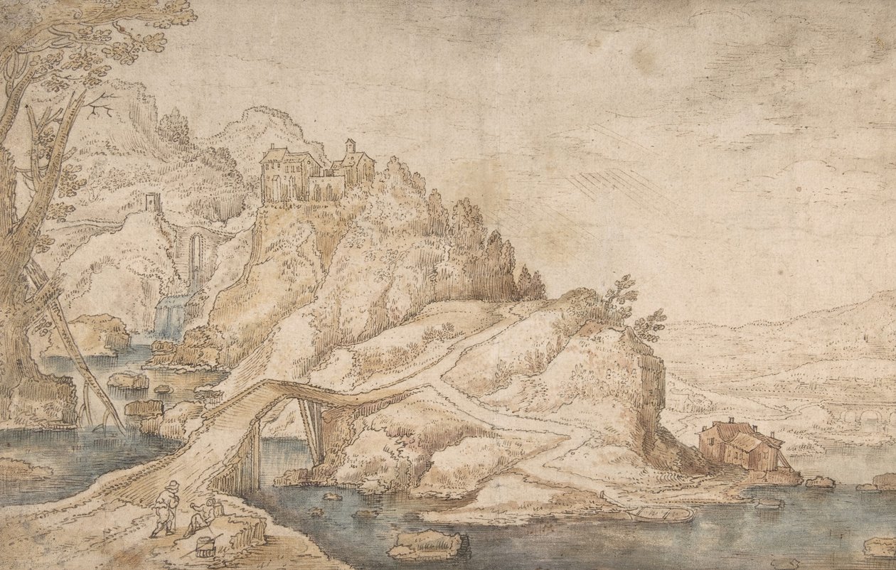 Hügelige Landschaft mit Fluss, Brücke und Häusern mit zwei Figuren links, spätes 16. bis mittleres 17. Jahrhundert von Joos de Momper the Younger.
