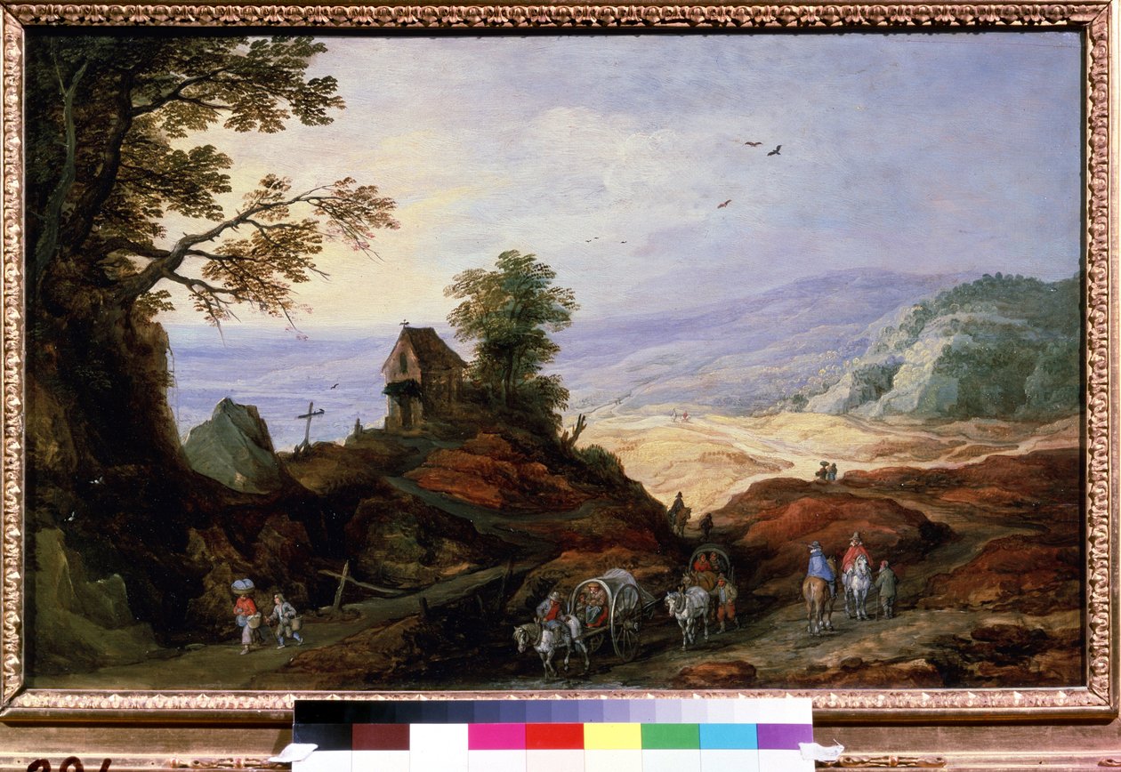 Landschaft mit Kapelle auf einem Hügel von Joos or Josse de The Younger Momper