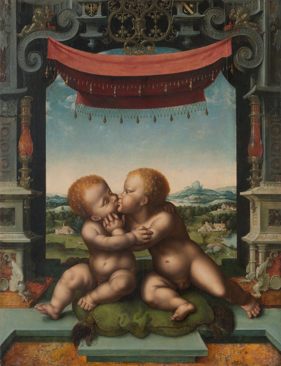 Die Kinder Christus und Johannes der Täufer umarmen sich, 1520-25 von Joos van Cleve