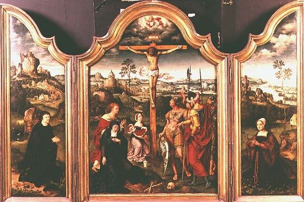 Triptychon: Kreuzigung flankiert von knienden Stiftern von Joos van Cleve