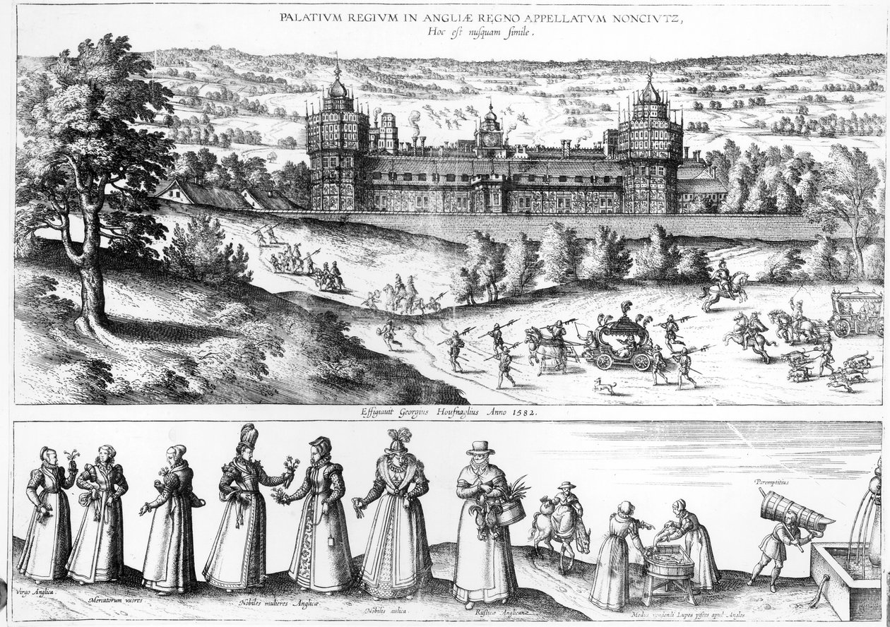 Ankunft von Königin Elizabeth I. im Nonesuch Palace und Männer und Frauen aus der Tudor-Gesellschaft, 1582 von Joris Hoefnagel