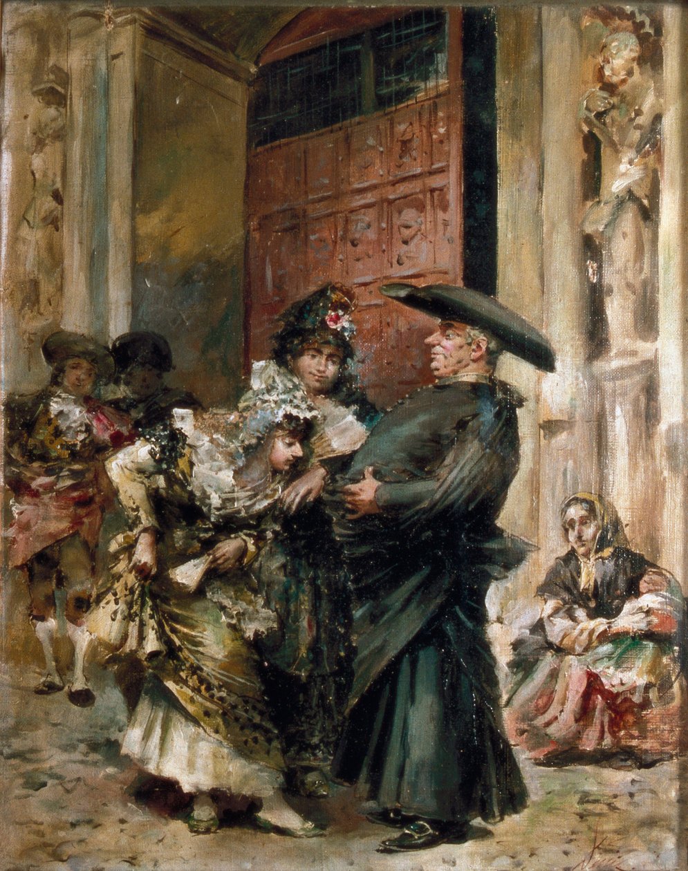 Zwei Frauen untersuchen den Bauch eines Priesters nach der Messe. Gemälde von Jose Denis Belgrano (1844-1917), 2. Hälfte des 19. Jahrhunderts. Öl auf Leinwand von Jose Denis Belgrano