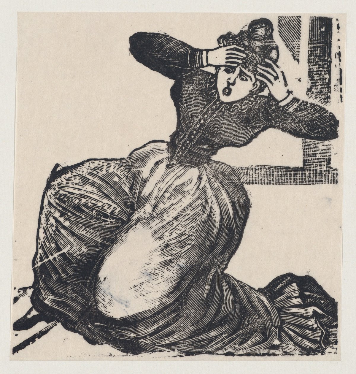 Eine keuchende Frau auf dem Boden mit erhobenen Händen zum Kopf, aus einem Flugblatt betitelt..., 1893 von José Guadalupe Posada