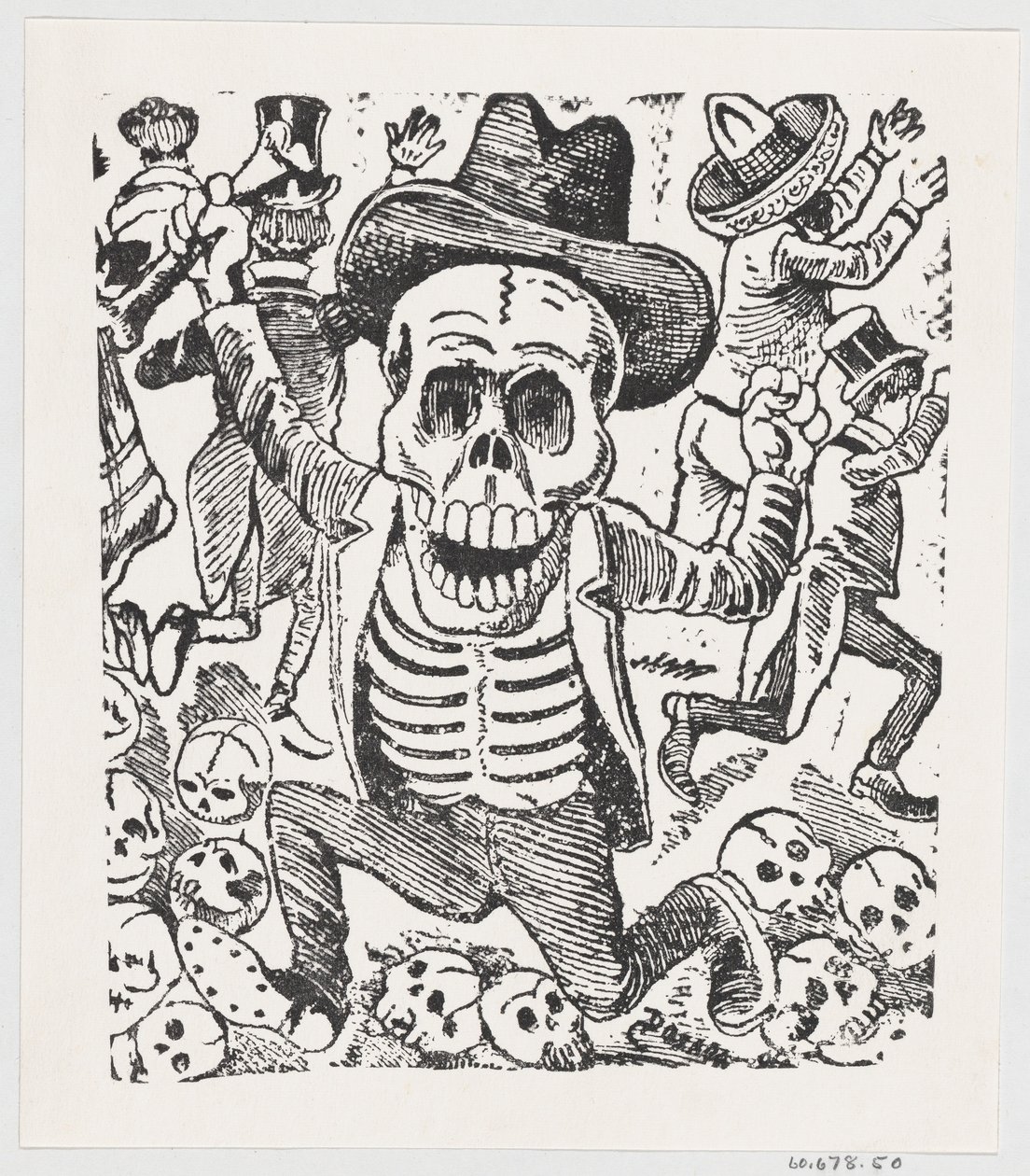 Ein Skelett hält einen Knochen und springt über einen Haufen Schädel, während Menschen fliehen, ca. 1907 von José Guadalupe Posada