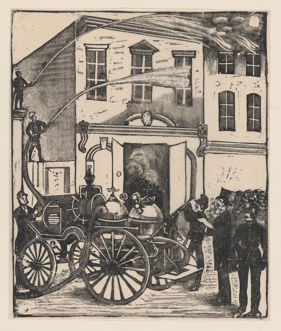 Feuerwehrleute löschen ein Feuer in einem Haus, Feuerwehrauto im Vordergrund, ca. 1880-1910 von José Guadalupe Posada