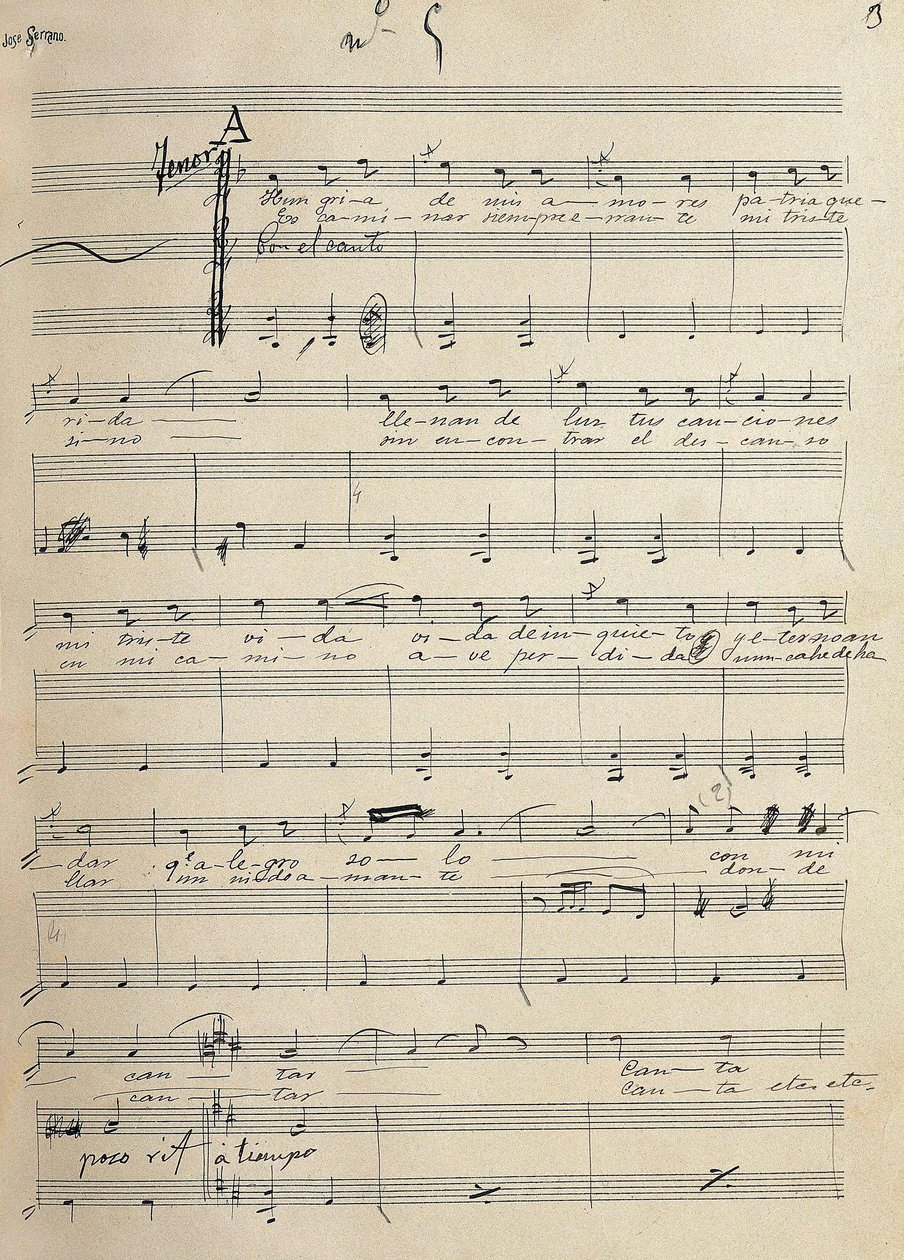 Originalmanuskript der Romanze für Tenor der Zarzuela, "Alma de Dios", von Jose Serrano (1873-1941) von José Serrano
