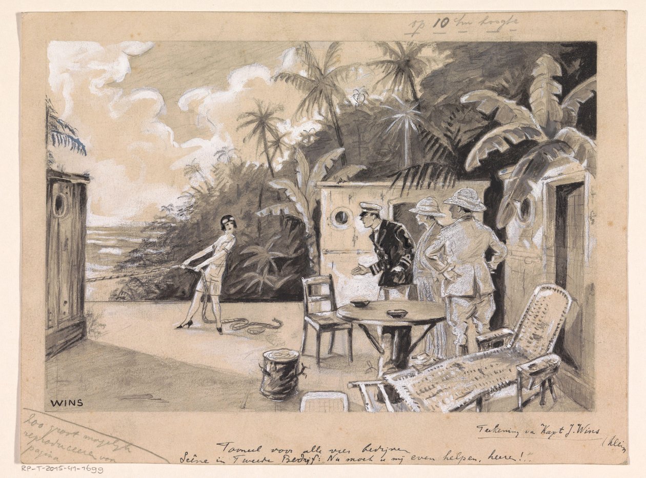 Frau mit Seil bittet Männer um Hilfe von Jos Wins (signed by artist)