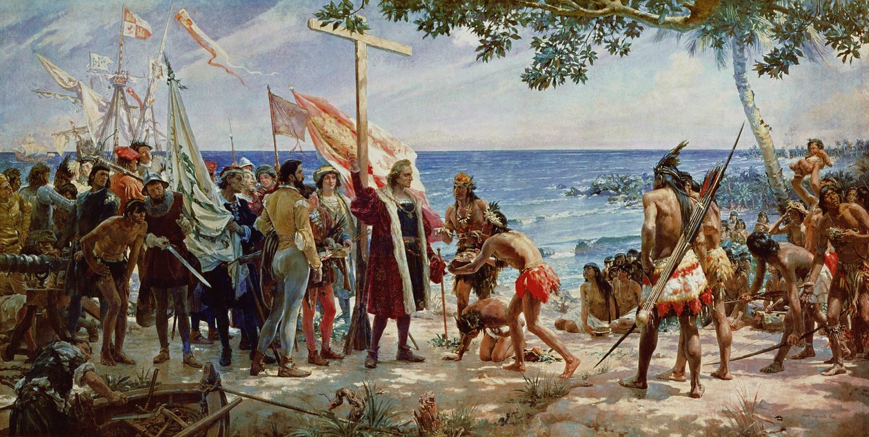 Die Landung von Christoph Kolumbus auf der Insel Guanahani im Jahr 1492, ca. 1890 von Jose Garnelo y Alda