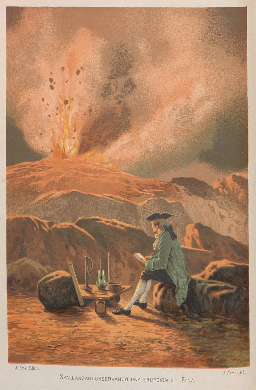 Lazzaro Spallanzani beobachtet den Ausbruch des Ätna. Aus: La ciencia y sus hombres, 1879 von Jose Armet Portanell
