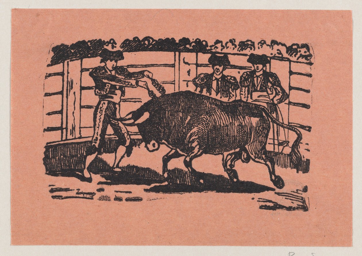 Ein Torero platziert Banderillas in die Schultern des Stiers, während zwei Männer hinter dem Stier stehen von José Guadalupe Posada