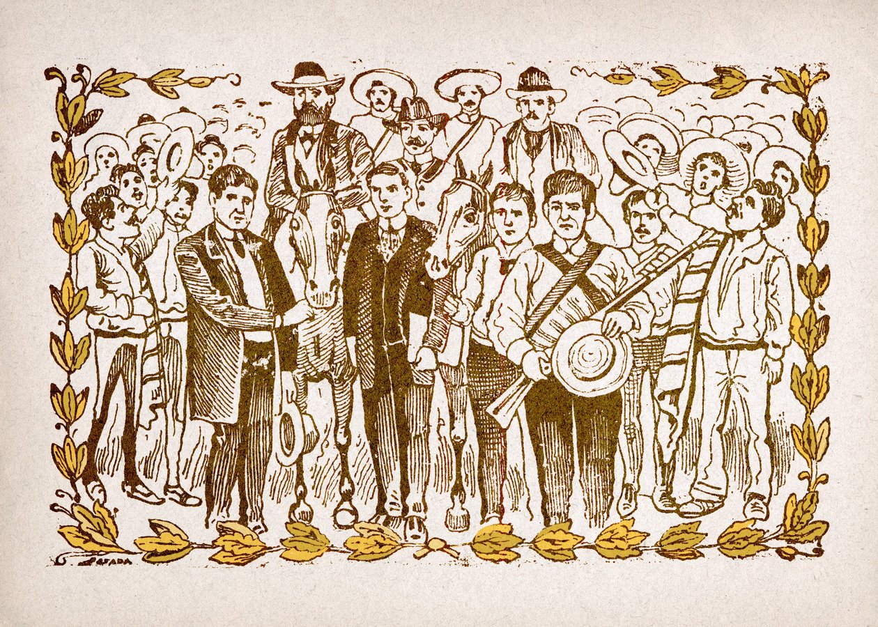 Mexiko, Mexikanische Revolution: „El Triunfo de Madero“ (Francisco Indalecio Madero Gonzalez, gewählter Präsident mit Unterstützung der Revolutionäre Villa und Zapata. Porträt zu Pferd inmitten der Menge seiner Anhänger. Gravur von von José Guadalupe Posada