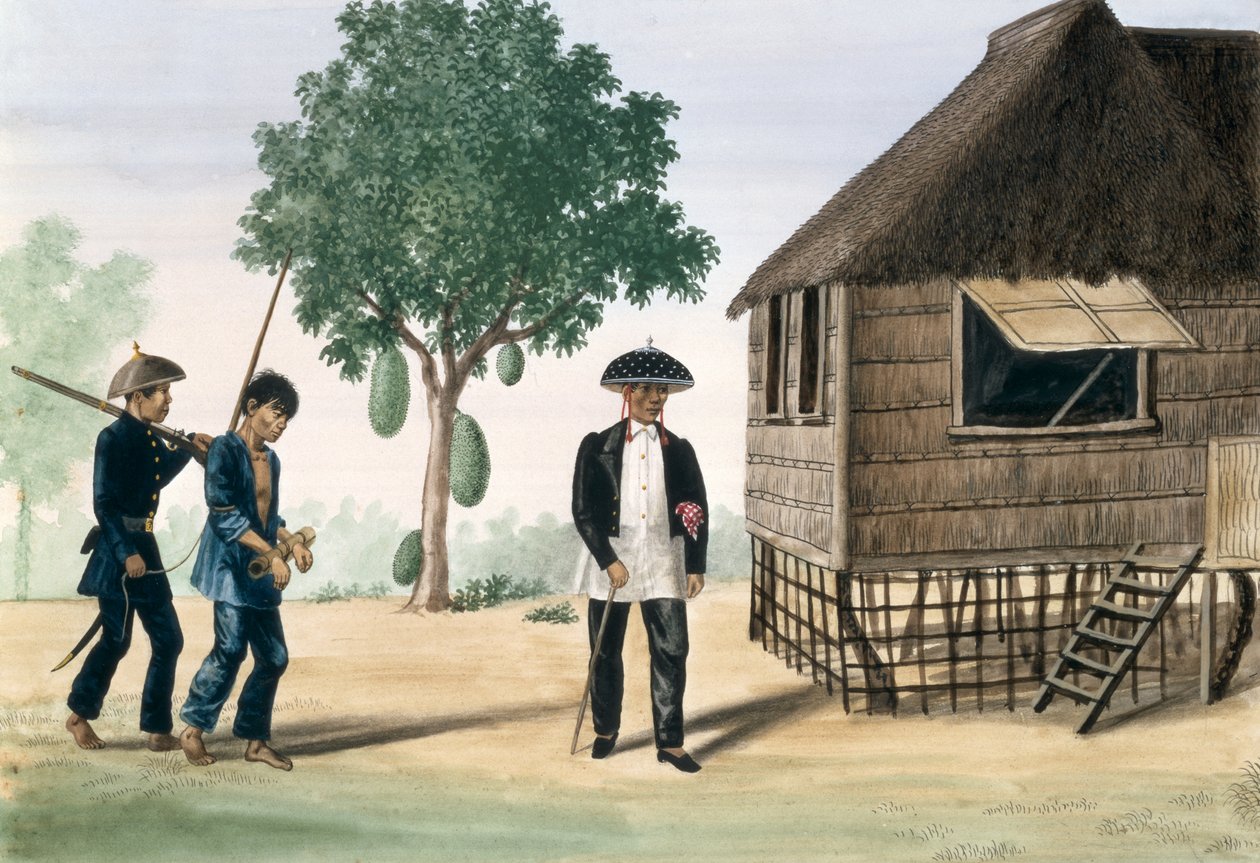 Ein Gefangener, der von einem Polizisten und einem Ratsherrn abgeführt wird, aus "The Flebus Album of Views In and Around Manila", ca. 1845 von Jose Honorato Lozano