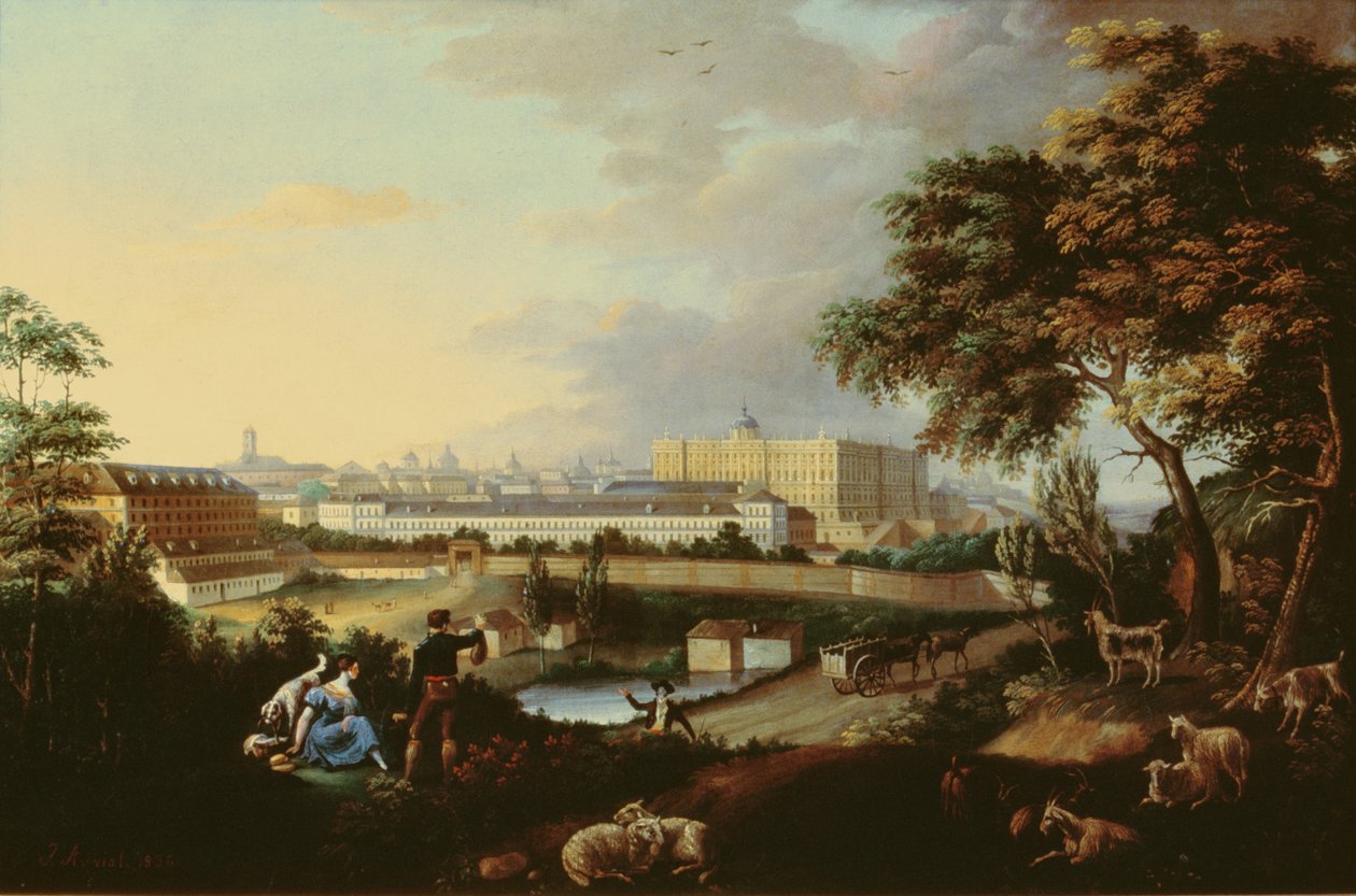 Blick auf den Königspalast in Madrid vom Principe Pio Berg von Jose Maria Avrial Y Flores
