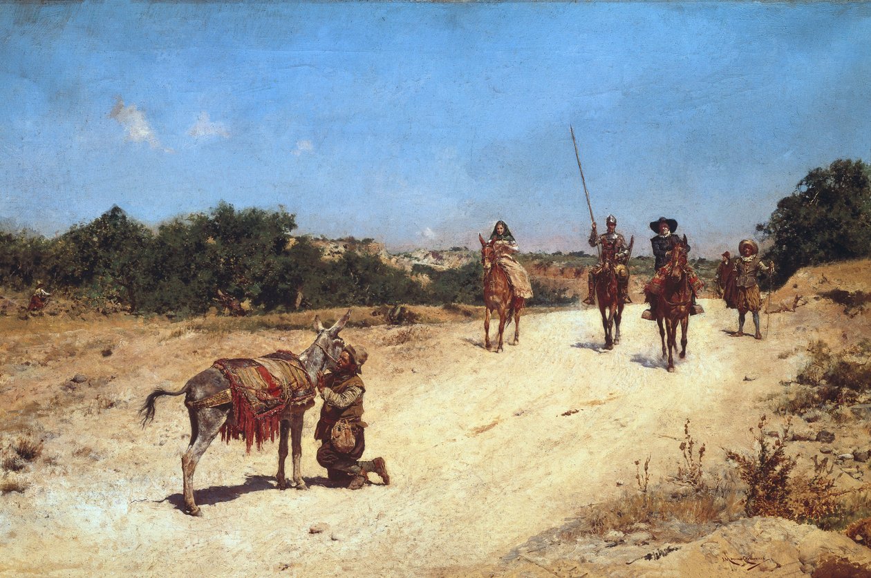 Das Treffen von Sancho Panza und seinem Esel Rucio, Illustration von Don Quijote, um 1878 von Jose Moreno Carbonero