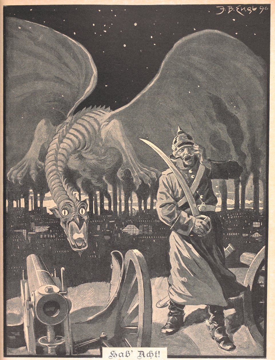 Zeichnung für das Gedicht "Wie die Nacht". Ein Drache, der aus dem Rauch von Fabriken entsteht, hinter einem deutschen Soldaten. Eine surreale Szene von Josef Benedikt engl