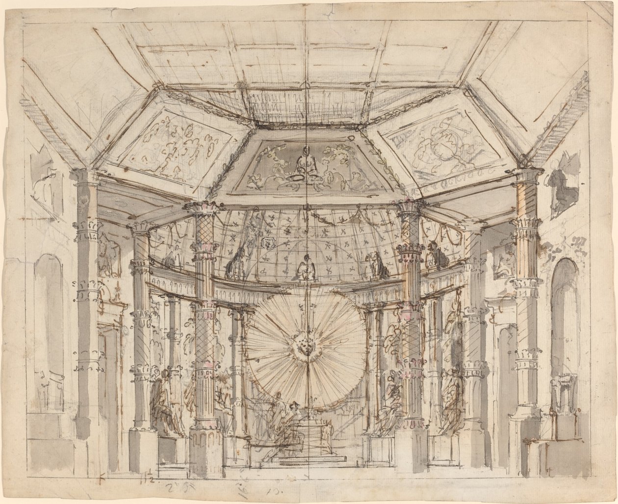 Bühnenbild für einen Kuppeltempel-Innenraum mit einer Sonnenscheibe über dem Altar von Josef Ignáz Platzer