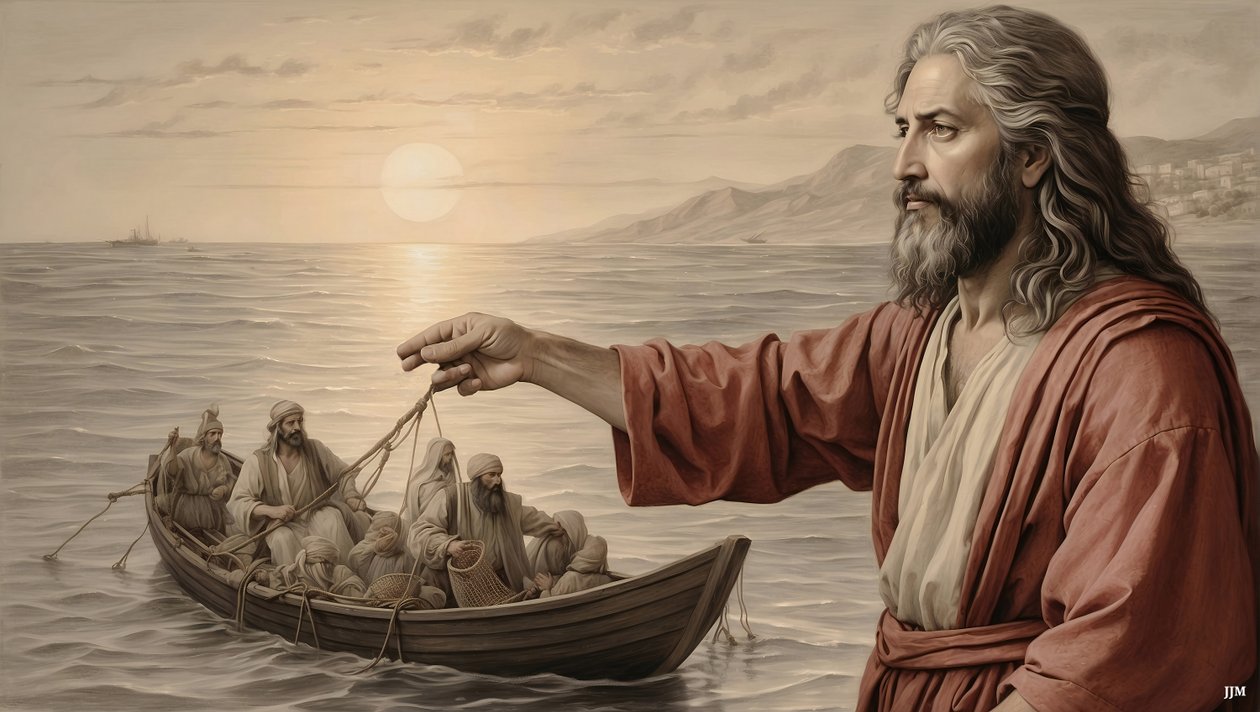 Jesus das Netz war gefüllt mit 153 großen Fischen von Josef Johann Michel