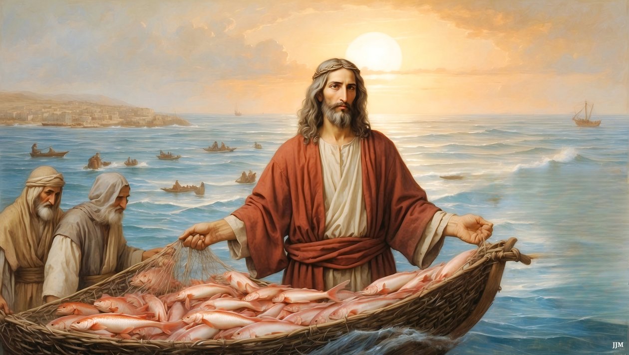 Jesus das Netz war gefüllt mit 153 großen Fischen von Josef Johann Michel