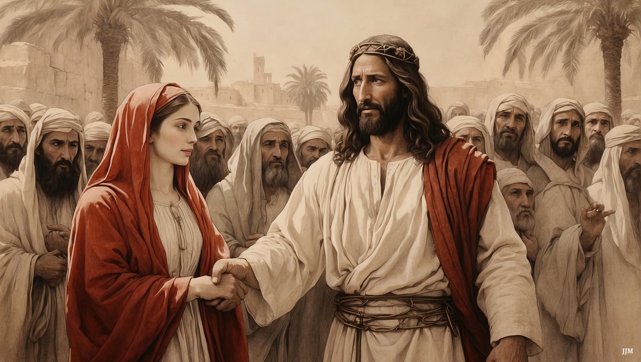 Jesus rettet die Ehebrecherin vor der Steinigung von Josef Johann Michel