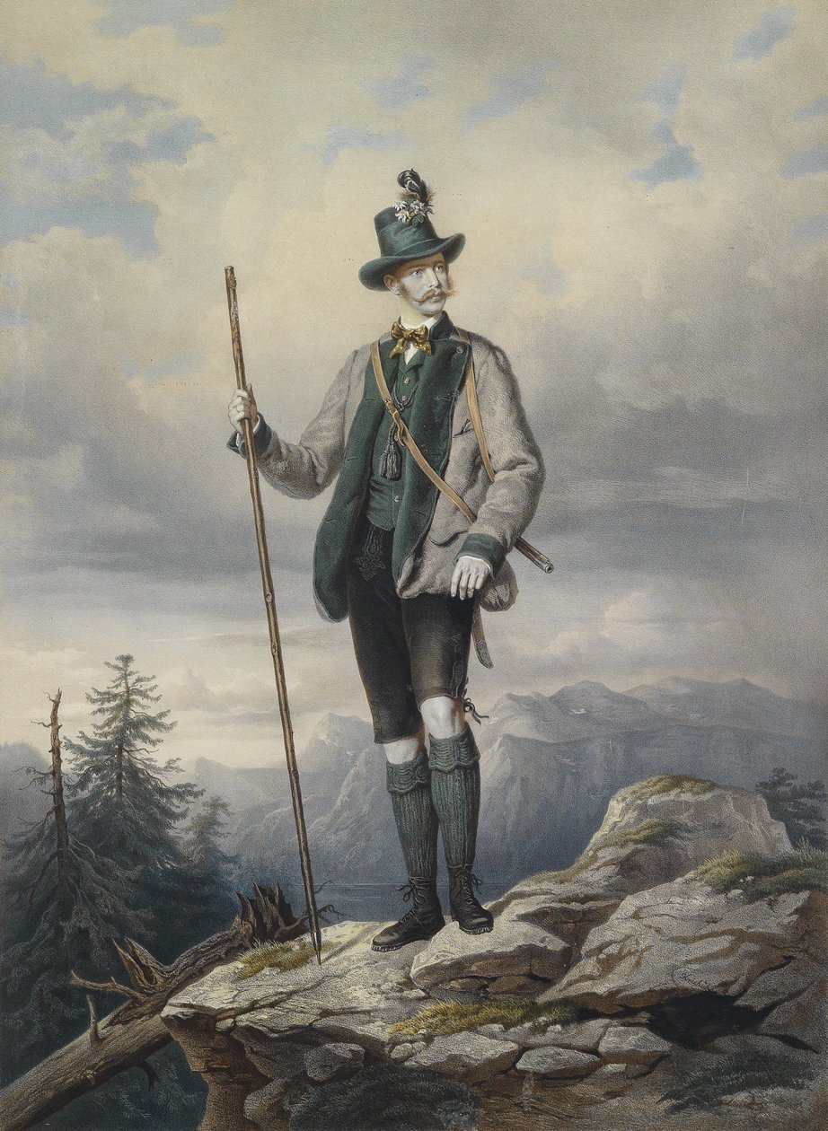 Porträt des jungen Kaisers im Ischler Jagdkostüm, kolorierte Lithographie von Kriehuber, 67 x 49 cm von Josef Kriehuber
