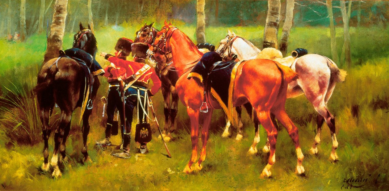 Gruppe von Husaren und Pferden im Wald von Josep Cusachs y Cusachs