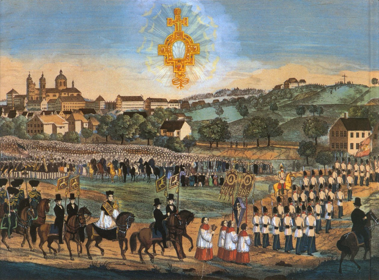 Altdorf-Weingarten, Heilig-Blut-Prozession 1849 oder in den folgenden Jahren; kolorierte Lithographie, Variante mit Heilig-Blut-Reliquie im Himmel von Joseph Bayer