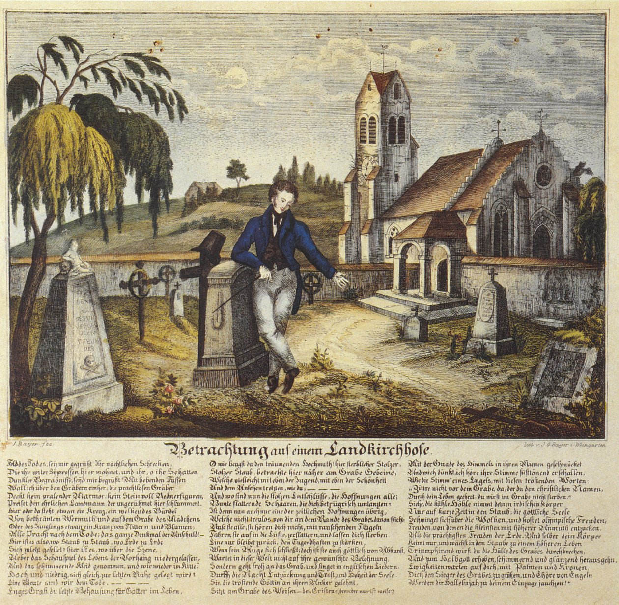 Betrachtung auf einem Landkirchhof, Andachtsbild mit Gebetstext, Zeichnung von Joseph Bayer von Joseph Bayer