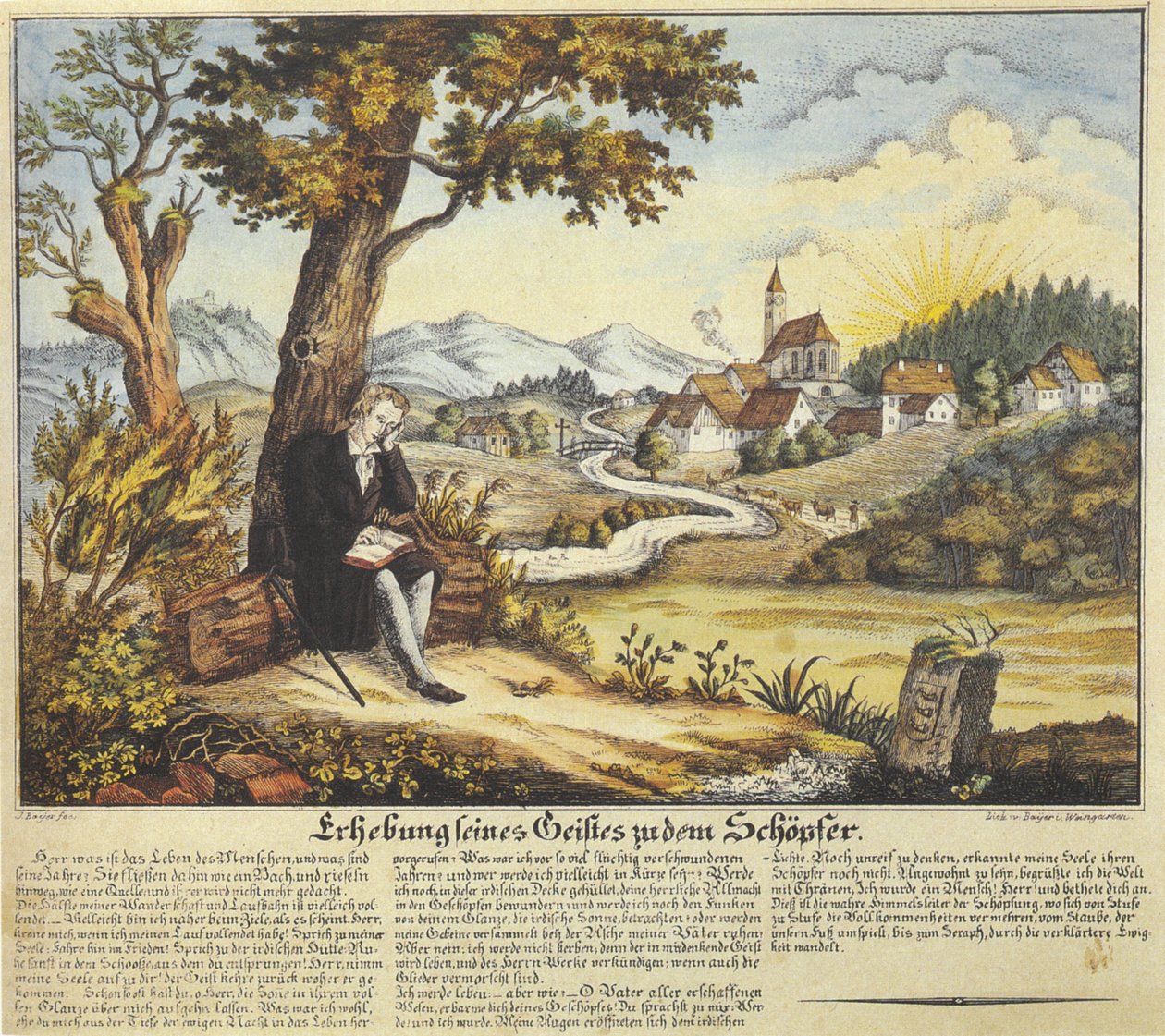 Erhebung seines Geistes zu dem Schöpfer, Andachtsbild mit Gebetstext, kolorierte Lithographie, vor 1846 von Joseph Bayer