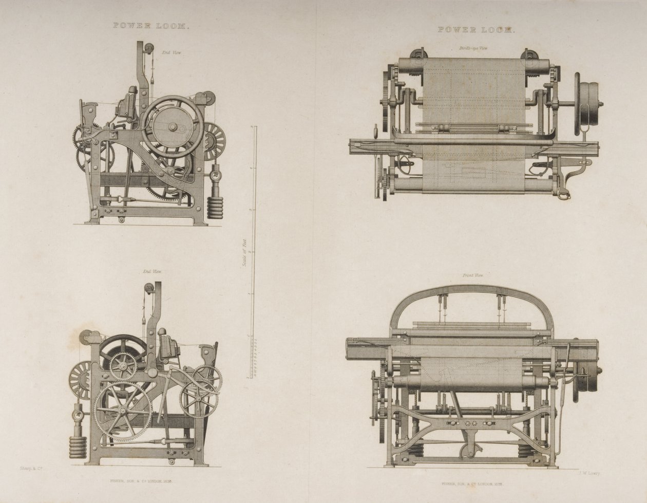 Vier Ansichten des Kraftwebstuhls, ca. 1830 von Joseph Wilson Lowry