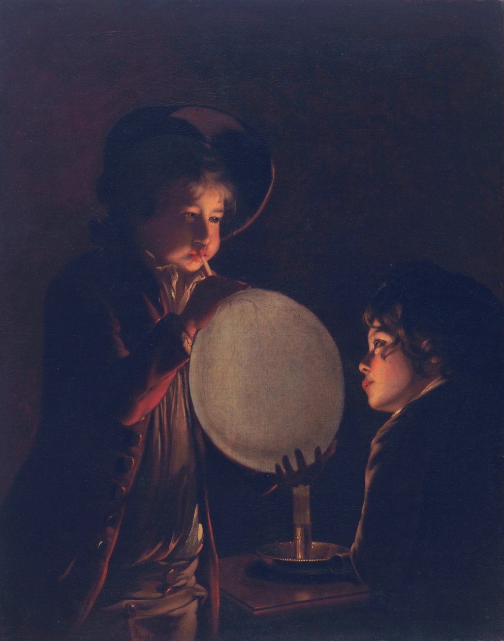 Zwei Jungen bei Kerzenlicht, die eine Blase aufblasen, ca. 1767-73 von Joseph Wright of Derby
