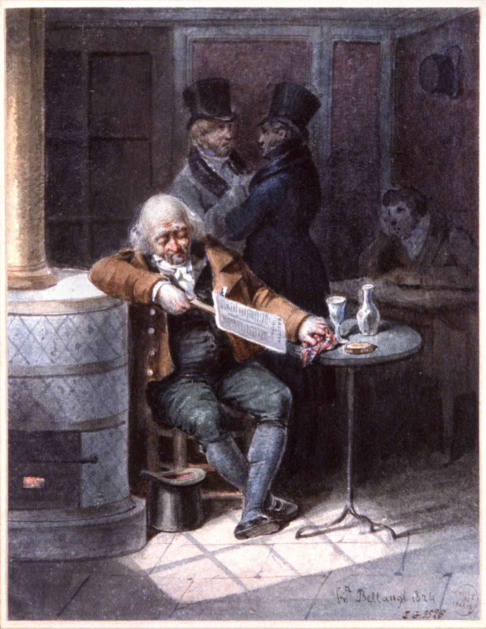 Alter Mann liest Zeitung in einem Café in Paris von Joseph Louis Hippolyte Bellange