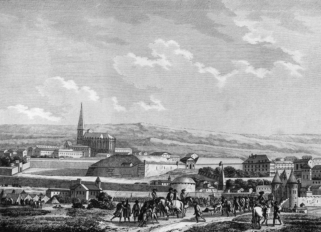 Französische Revolution und konterrevolutionäre Bewegungen. Die preußische Armee in der Schlacht von Verdun: Eroberung von Verdun und Tod von Nicolas Joseph Beaurepaire, französischer Offizier (1740-1792), Kommandant des Platzes am 2. September von Joseph (after) Swebach Desfontaines