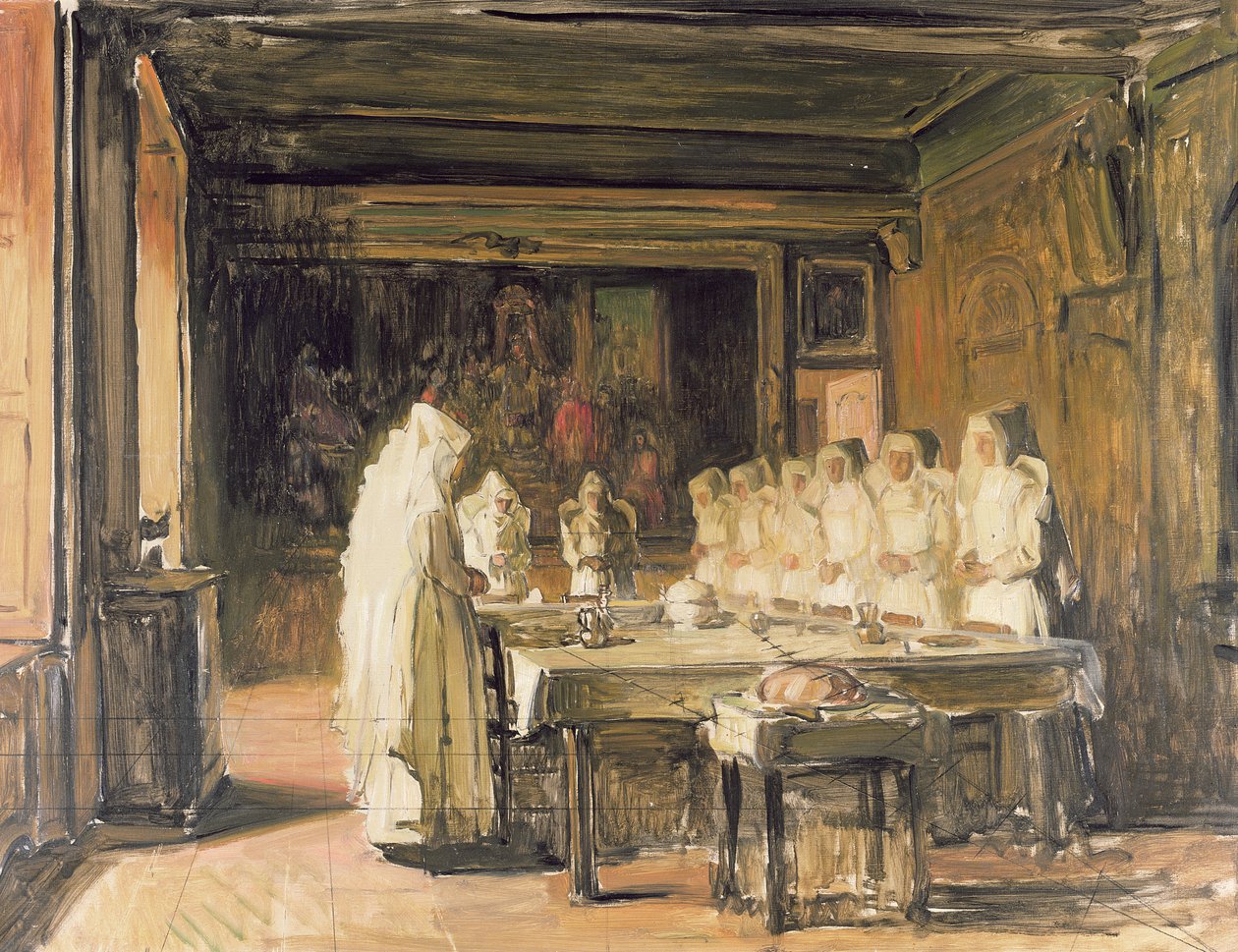 Die Schwestern des Hospizes von Beaune beim Tischgebet, Ende des 19. Jahrhunderts von Joseph Bail